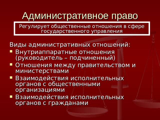 Административное право Регулирует общественные отношения в сфере государственного управления Виды административных отношений: Внутриаппаратные отношения (руководитель – подчиненный) Отношения между правительством и министерствами Взаимодействия исполнительных органов с общественными организациями Взаимодействия исполнительных органов с гражданами 