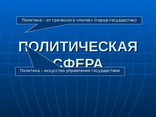 Политика – от греческого «полис» (город-государство) ПОЛИТИЧЕСКАЯ СФЕРА Политика – искусство управления государством 