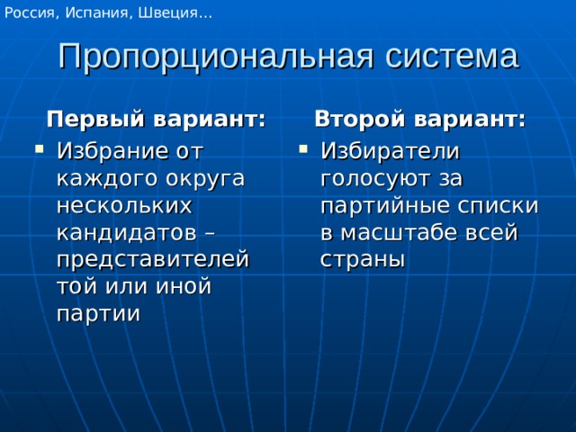 Россия, Испания, Швеция… Пропорциональная система Первый вариант: Второй вариант: Избрание от каждого округа нескольких кандидатов – представителей той или иной партии Избиратели голосуют за партийные списки в масштабе всей страны 