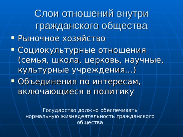 Слои отношений внутри гражданского общества Рыночное хозяйство Социокультурные отношения (семья, школа, церковь, научные, культурные учреждения…) Объединения по интересам, включающиеся в политику Государство должно обеспечивать нормальную жизнедеятельность гражданского общества 