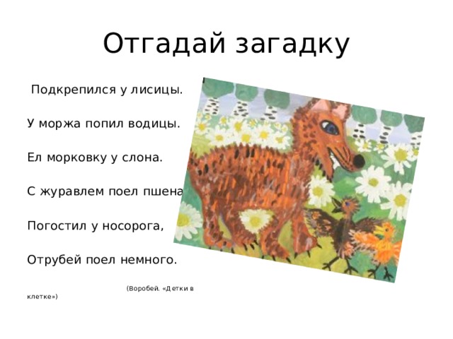 Отгадай загадку  Подкрепился у лисицы. У моржа попил водицы. Ел морковку у слона. С журавлем поел пшена. Погостил у носорога, Отрубей поел немного.  (Воробей. «Детки в клетке») 