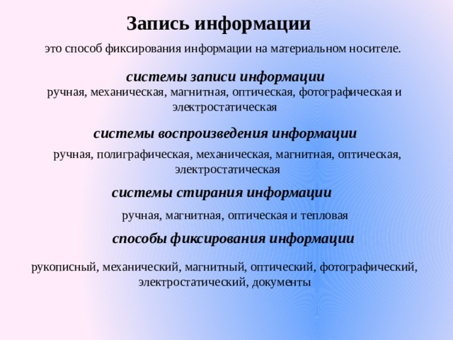 Запись информации  это способ фиксирования информации на материальном носителе. системы записи информации  ручная, механическая, магнитная, оптическая, фотографическая и электростатическая системы воспроизведения информации ручная, полиграфическая, механическая, магнитная, оптическая, электростатическая системы стирания информации  ручная, магнитная, оптическая и тепловая способы фиксирования информации рукописный, механический, магнитный, оптический, фотографический, электростатический, документы 