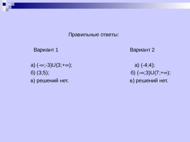 Правильные ответы:  Вариант 1 Вариант 2  а) (-∞;-3) U (3;+∞); а) (-4;4);  б) (3;5); б) (-∞;3) U (7;+∞);  в) решений нет. в) решений нет. 