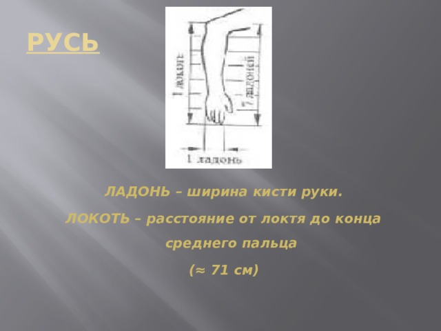 РУСЬ ЛАДОНЬ – ширина кисти руки. ЛОКОТЬ – расстояние от локтя до конца среднего пальца (≈ 71 см) 