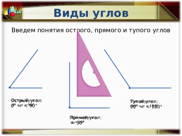 Виды углов Введем понятия острого, прямого и тупого углов Острый угол:   0° Тупой угол:   90° Прямой угол:    = 90° 
