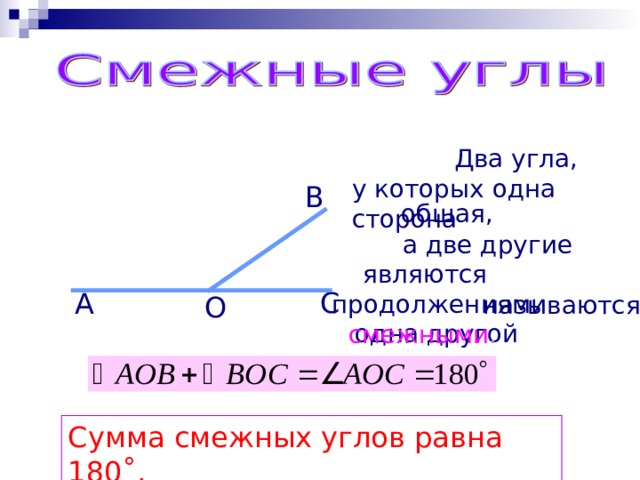  Два угла, у которых одна сторона  B общая,  а две другие   являются продолжениями  одна другой C A O  называются  смежными . Сумма смежных углов равна 180˚. 