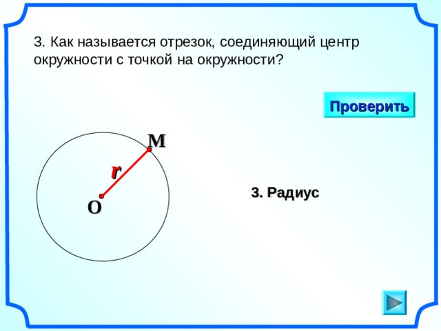 3. Как называется отрезок, соединяющий центр окружности с точкой на окружности? Проверить M r 3. Радиус O «Геометрия 7-9» Л.С. Атанасян и др. 4 