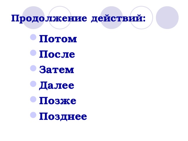 Продолжение действий: Потом После Затем Далее Позже Позднее 
