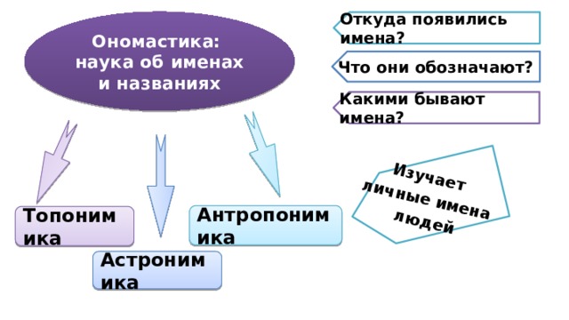 Изучает личные имена  людей Ономастика: наука об именах и названиях Откуда появились имена? Что они обозначают? Какими бывают имена? Антропонимика Топонимика Астронимика  