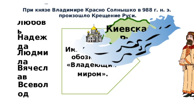 Древние русские имена легко расшифровываются. При князе Владимире Красно Солнышко в 988 г. н. э.  произошло Крещение Руси. Киевская Русь Любовь Имя Владимир  обозначает «Владеющий миром». Надежда Людмила Вячеслав Всеволод  