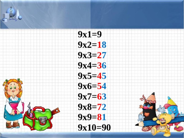 9х1=9  9х2= 1 8  9х3= 2 7  9х4= 3 6  9х5= 4 5  9х6= 5 4  9х7= 6 3  9х8= 7 2  9х9= 8 1  9х10=90