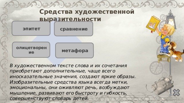 Средства художественной выразительности эпитет сравнение олицетворение метафора В художественном тексте слова и их сочетания приобретают дополнительные, чаще всего иносказательные значения, создают яркие образы. Изобразительные средства языка всегда метки, эмоциональны, они оживляют речь, возбуждают мышление, развивают его быстроту и гибкость, совершенствуют словарь детей. 