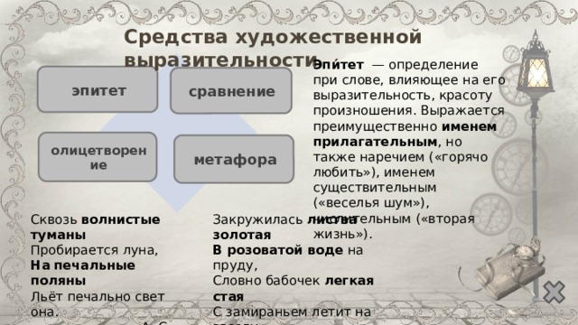 Средства художественной выразительности Эпи́тет — определение при слове, влияющее на его выразительность, красоту произношения. Выражается преимущественно именем прилагательным , но также наречием («горячо любить»), именем существительным («веселья шум»), числительным («вторая жизнь»).  эпитет сравнение олицетворение метафора Закружилась листва золотая Сквозь волнистые  туманы Пробирается луна, В розоватой воде на пруду, На  печальные  поляны Словно бабочек легкая стая Льёт печально свет она. С замираньем летит на звезду.  А. С. Пушкин  С.А. Есенин   