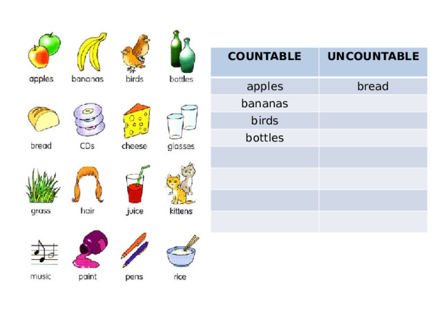 COUNTABLE UNCOUNTABLE apples  bread bananas birds bottles 