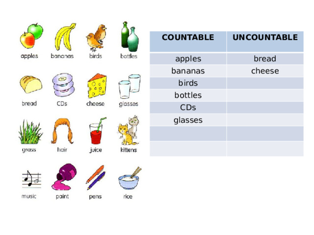 COUNTABLE UNCOUNTABLE apples  bread bananas cheese birds bottles CDs glasses 