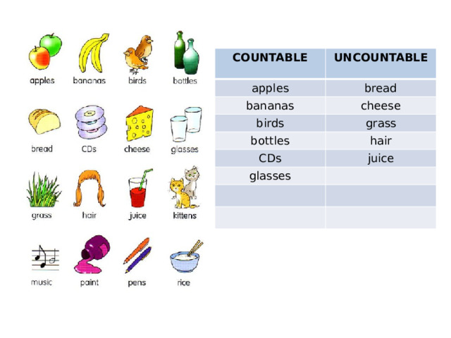 COUNTABLE UNCOUNTABLE apples  bread bananas cheese birds grass bottles hair CDs juice glasses 