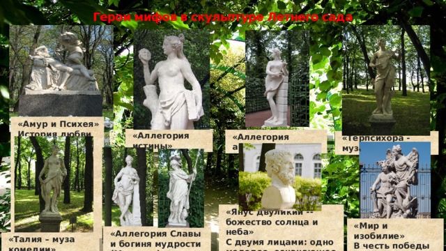 Герои мифов в скульптуре Летнего сада «Амур и Психея» История любви «Аллегория истины» «Аллегория архитектуры» «Терпсихора - муза танца» «Янус двуликий -- божество солнца и неба» С двумя лицами: одно молодое, означающее будущее, а другое старое — прошлое «Мир и изобилие» В честь победы над шведами в 1721 г. «Аллегория Славы и богиня мудрости (Минерва)» «Талия – муза комедии» 