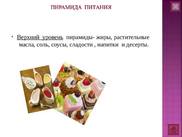 Верхний уровень пирамиды- жиры, растительные масла, соль, соусы, сладости , напитки и десерты. 