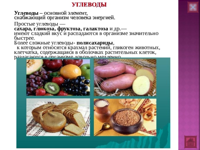 Углеводы  – основной элемент, снабжающий организм человека энергией. Простые углеводы — сахара, глюкоза, фруктоза, галактоза и др.— имеют сладкий вкус и распадаются в организме значительно быстрее.  Более сложные углеводы- полисахариды , к которым относятся крахмал растений, гликоген животных, клетчатка, содержащаяся в оболочках растительных клеток, разлагаются в организме довольно медленно.   