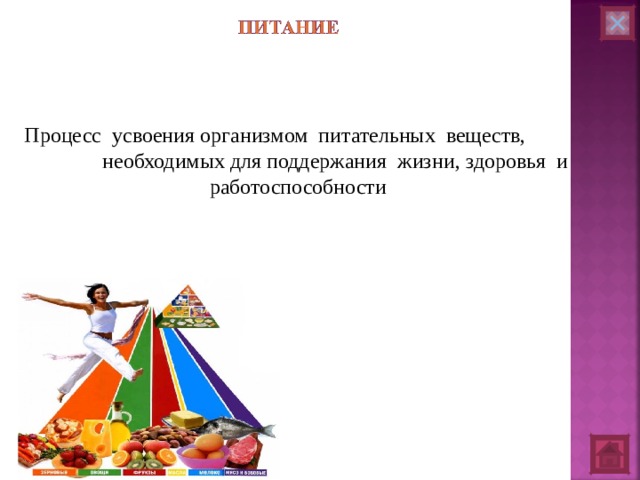  Процесс усвоения организмом питательных веществ, необходимых для поддержания жизни, здоровья и работоспособности 