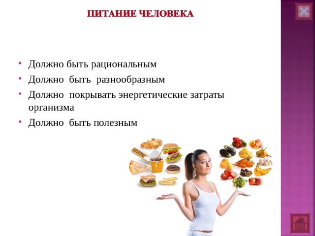 Должно быть рациональным Должно быть разнообразным Должно покрывать энергетические затраты организма Должно быть полезным   