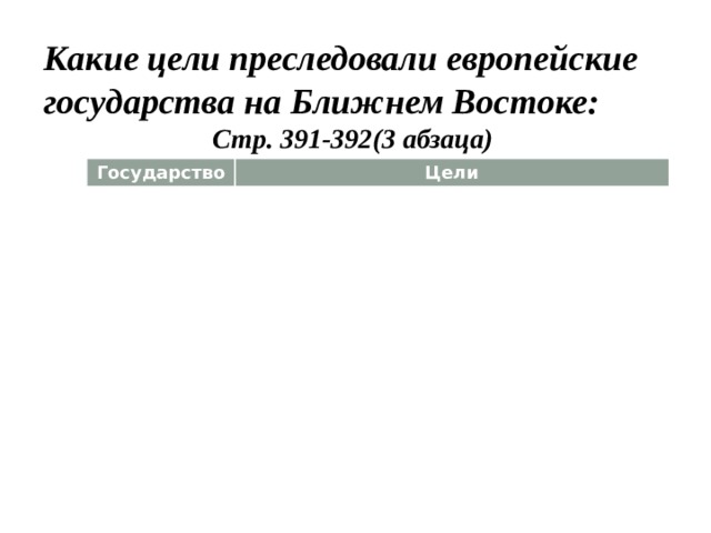 Какие цели преследовали европейские государства на Ближнем Востоке: Стр. 391-392(3 абзаца)   Государство  Цели 