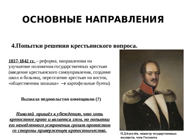 Основные направления 4.Попытки решения крестьянского вопроса. 1837-1842 гг. – реформа, направленная на улучшение положения государственных крестьян (введение крестьянского самоуправления, создание школ и больниц, переселение крестьян на восток, «общественная запашка»   картофельные бунты) Вызвала недовольство помещиков (?) Николай пришёл к убеждению, что хоть крепостное право и является злом, но попытки его немедленного устранения грозят протестом со стороны приверженцев крепостничества. П.Д.Киселёв, министр государственных имуществ, член Госсовета 