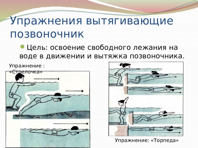 Упражнения вытягивающие позвоночник Цель: освоение свободного лежания на воде в движении и вытяжка позвоночника. Упражнение : «Стрелочка» Упражнение: «Торпеда» 