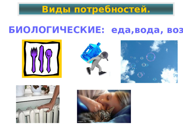Виды потребностей. БИОЛОГИЧЕСКИЕ: еда,вода, воздух.,тепло, сон 