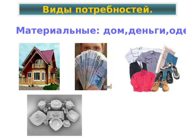 Виды потребностей. Материальные: дом,деньги,одежда, посуда, 