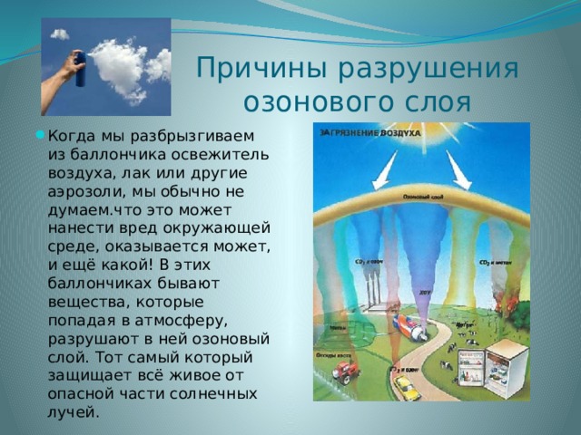 Причины разрушения озонового слоя Когда мы разбрызгиваем из баллончика освежитель воздуха, лак или другие аэрозоли, мы обычно не думаем.что это может нанести вред окружающей среде, оказывается может, и ещё какой! В этих баллончиках бывают вещества, которые попадая в атмосферу, разрушают в ней озоновый слой. Тот самый который защищает всё живое от опасной части солнечных лучей. 