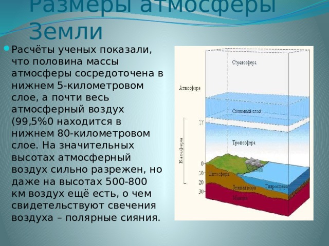 Размеры атмосферы Земли Расчёты ученых показали, что половина массы атмосферы сосредоточена в нижнем 5-километровом слое, а почти весь атмосферный воздух (99,5%0 находится в нижнем 80-километровом слое. На значительных высотах атмосферный воздух сильно разрежен, но даже на высотах 500-800 км воздух ещё есть, о чем свидетельствуют свечения воздуха – полярные сияния. 