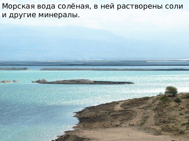 Морская вода солёная, в ней растворены соли и другие минералы. 
