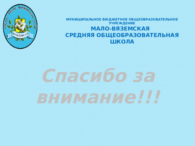 МУНИЦИПАЛЬНОЕ БЮДЖЕТНОЕ ОБЩЕОБРАЗОВАТЕЛЬНОЕ УЧРЕЖДЕНИЕ  МАЛО-ВЯЗЕМСКАЯ СРЕДНЯЯ ОБЩЕОБРАЗОВАТЕЛЬНАЯ ШКОЛА Спасибо за внимание!!!     