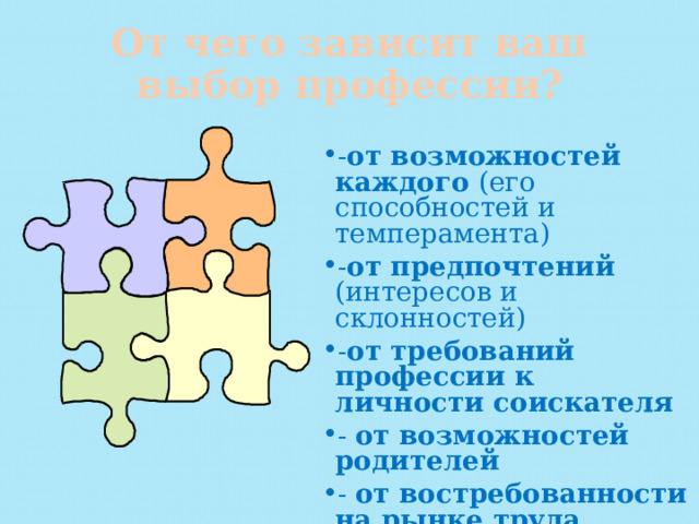 От чего зависит ваш выбор профессии? - от возможностей каждого (его способностей и темперамента) - от предпочтений (интересов и склонностей) - от требований профессии к личности соискателя - от возможностей родителей - от востребованности на рынке труда 