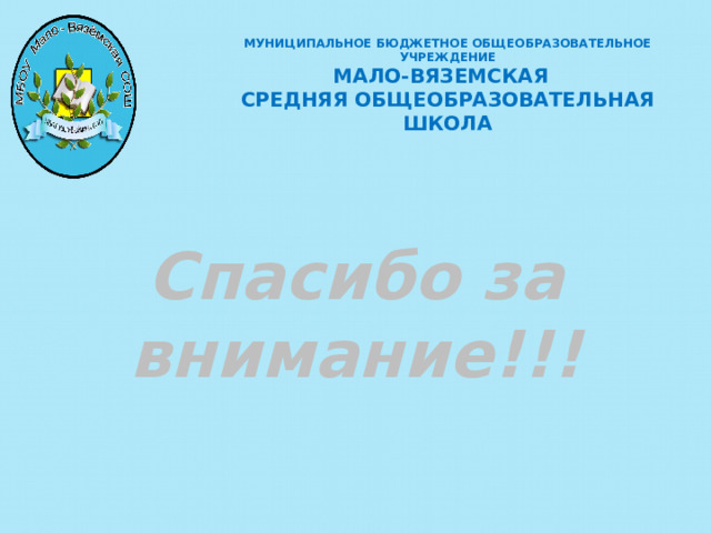 МУНИЦИПАЛЬНОЕ БЮДЖЕТНОЕ ОБЩЕОБРАЗОВАТЕЛЬНОЕ УЧРЕЖДЕНИЕ  МАЛО-ВЯЗЕМСКАЯ СРЕДНЯЯ ОБЩЕОБРАЗОВАТЕЛЬНАЯ ШКОЛА Спасибо за внимание!!!     