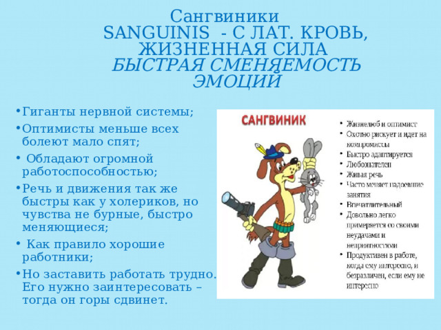 Сангвиники  SANGUINIS - C ЛАТ. КРОВЬ, ЖИЗНЕННАЯ СИЛА   БЫСТРАЯ СМЕНЯЕМОСТЬ ЭМОЦИЙ Гиганты нервной системы; Оптимисты меньше всех болеют мало спят;  Обладают огромной работоспособностью; Речь и движения так же быстры как у холериков, но чувства не бурные, быстро меняющиеся;  Как правило хорошие работники; Но заставить работать трудно. Его нужно заинтересовать –тогда он горы сдвинет. 
