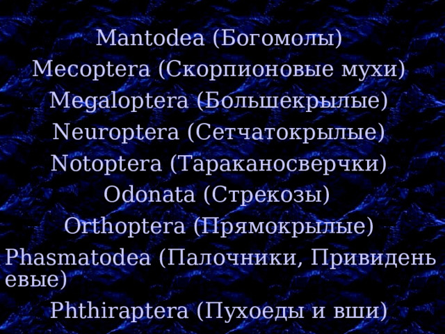 Mantodea (Богомолы)  Mecoptera (Скорпионовые мухи)  Megaloptera (Большекрылые)  Neuroptera (Сетчатокрылые)  Notoptera (Тараканосверчки)  Odonata (Стрекозы)    Orthoptera (Прямокрылые)  Phasmatodea (Палочники, Привиденьевые) Phthiraptera (Пухоеды и вши)  