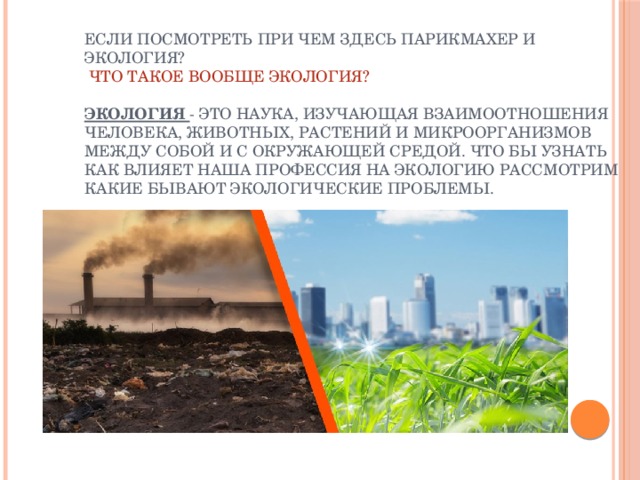 Если посмотреть при чем здесь парикмахер и экология?   Что такое вообще экология?   Экология - это наука, изучающая взаимоотношения человека, животных, растений и микроорганизмов между собой и с окружающей средой. Что бы узнать как влияет наша профессия на экологию рассмотрим какие бывают экологические проблемы. Если посмотреть при чем здесь парикмахер и экология?   Что такое вообще экология?   Экология - это наука, изучающая взаимоотношения человека, животных, растений и микроорганизмов между собой и с окружающей средой. Что бы узнать как влияет наша профессия на экологию рассмотрим какие бывают экологические проблемы.  