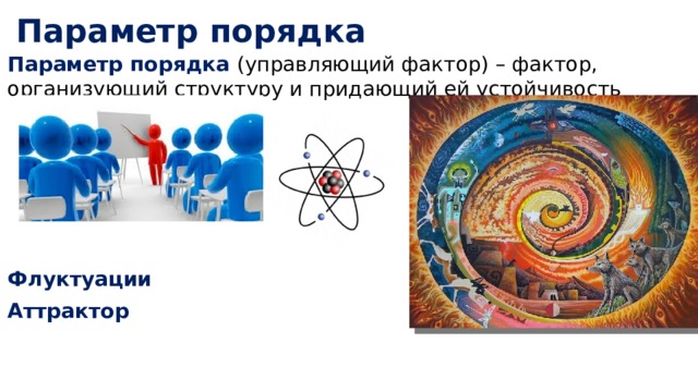 Параметр порядка Параметр порядка (управляющий фактор) – фактор, организующий структуру и придающий ей устойчивость Флуктуации Аттрактор 