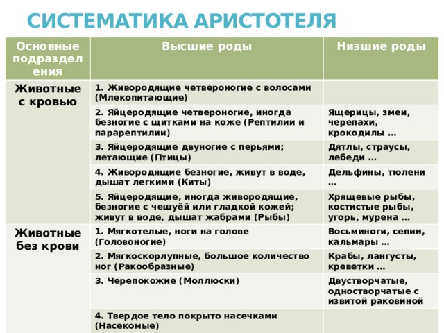 СИСТЕМАТИКА АРИСТОТЕЛЯ Основные подразделения Высшие роды Животные с кровью Низшие роды 1. Живородящие четвероногие с волосами (Млекопитающие) 2. Яйцеродящие четвероногие, иногда безногие с щитками на коже (Рептилии и парарептилии) Ящерицы, змеи, черепахи, крокодилы … 3. Яйцеродящие двуногие с перьями; летающие (Птицы) Дятлы, страусы, лебеди … 4. Живородящие безногие, живут в воде, дышат легкими (Киты) Животные без крови Дельфины, тюлени … 5. Яйцеродящие, иногда живородящие, безногие с чешуёй или гладкой кожей; живут в воде, дышат жабрами (Рыбы) Хрящевые рыбы, костистые рыбы, угорь, мурена … 1. Мягкотелые, ноги на голове (Головоногие) Восьминоги, сепии, кальмары … 2. Мягкоскорлупные, большое количество ног (Ракообразные) Крабы, лангусты, креветки … 3. Черепокожие (Моллюски) Двустворчатые, одностворчатые с извитой раковиной 4. Твердое тело покрыто насечками (Насекомые) 