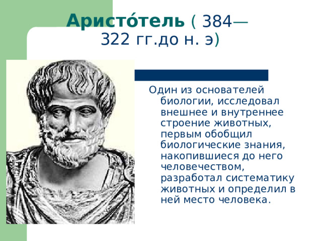 Аристо́тель  (  384 —  322 гг.до н. э ) Один из основателей биологии, исследовал внешнее и внутреннее строение животных, первым обобщил биологические знания, накопившиеся до него человечеством, разработал систематику животных и определил в ней место человека. 