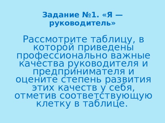 Задание №1. «Я — руководитель» Рассмотрите таблицу, в которой приведены профессионально важные качества руководителя и предпринимателя и оцените степень развития этих качеств у себя, отметив соответствующую клетку в таблице. 