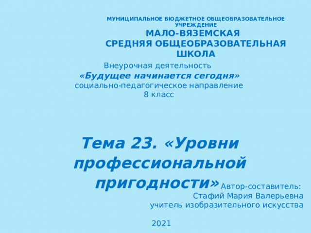 МУНИЦИПАЛЬНОЕ БЮДЖЕТНОЕ ОБЩЕОБРАЗОВАТЕЛЬНОЕ УЧРЕЖДЕНИЕ  МАЛО-ВЯЗЕМСКАЯ СРЕДНЯЯ ОБЩЕОБРАЗОВАТЕЛЬНАЯ ШКОЛА Внеурочная деятельность «Будущее начинается сегодня» социально-педагогическое направление 8 класс  Тема 23. «Уровни профессиональной пригодности»   Автор-составитель: Стафий Мария Валерьевна учитель изобразительного искусства 2021   