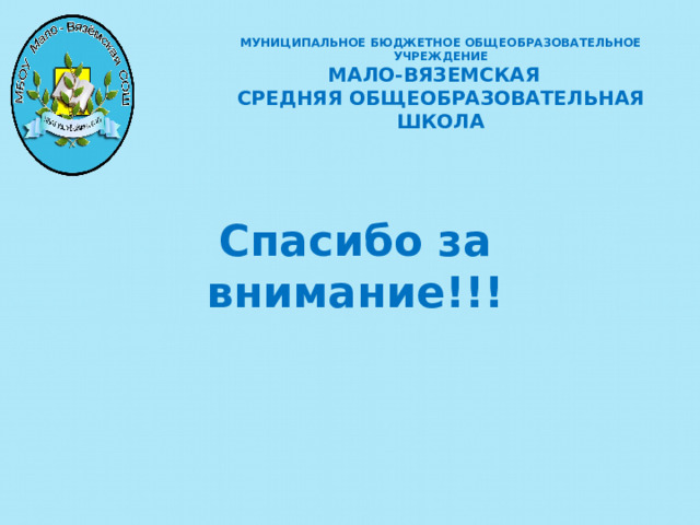 МУНИЦИПАЛЬНОЕ БЮДЖЕТНОЕ ОБЩЕОБРАЗОВАТЕЛЬНОЕ УЧРЕЖДЕНИЕ  МАЛО-ВЯЗЕМСКАЯ СРЕДНЯЯ ОБЩЕОБРАЗОВАТЕЛЬНАЯ ШКОЛА Спасибо за внимание!!!      
