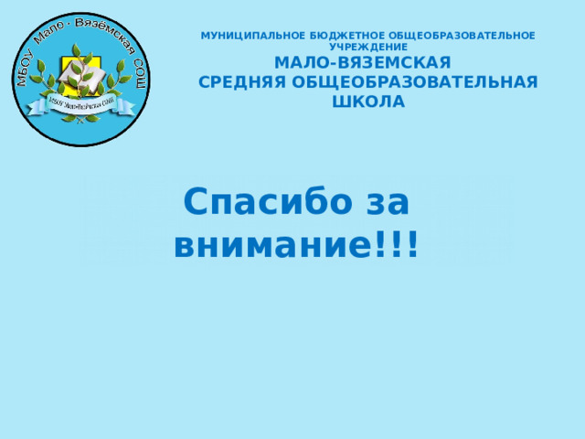 МУНИЦИПАЛЬНОЕ БЮДЖЕТНОЕ ОБЩЕОБРАЗОВАТЕЛЬНОЕ УЧРЕЖДЕНИЕ  МАЛО-ВЯЗЕМСКАЯ СРЕДНЯЯ ОБЩЕОБРАЗОВАТЕЛЬНАЯ ШКОЛА  Спасибо за внимание!!!      