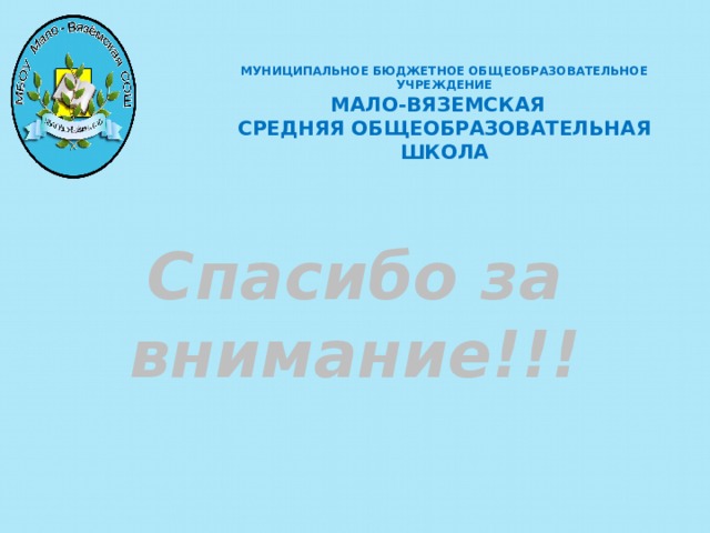 МУНИЦИПАЛЬНОЕ БЮДЖЕТНОЕ ОБЩЕОБРАЗОВАТЕЛЬНОЕ УЧРЕЖДЕНИЕ  МАЛО-ВЯЗЕМСКАЯ СРЕДНЯЯ ОБЩЕОБРАЗОВАТЕЛЬНАЯ ШКОЛА Спасибо за внимание!!!     