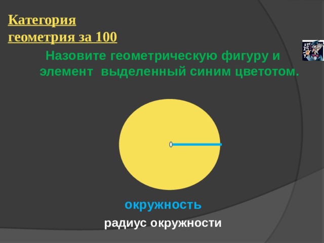 Категория геометрия за 100 Назовите геометрическую фигуру и элемент выделенный синим цветотом.    О  О  окружность радиус окружности 
