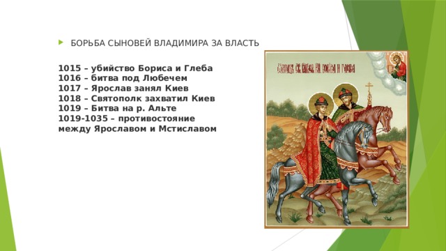 БОРЬБА СЫНОВЕЙ ВЛАДИМИРА ЗА ВЛАСТЬ  1015 – убийство Бориса и Глеба  1016 – битва под Любечем  1017 – Ярослав занял Киев  1018 – Святополк захватил Киев  1019 – Битва на р. Альте  1019-1035 – противостояние  между Ярославом и Мстиславом 