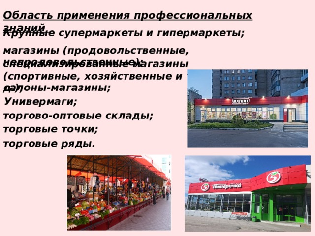 Область применения профессиональных знаний  Крупные супермаркеты и гипермаркеты; магазины (продовольственные, непродовольственные); специализированные магазины (спортивные, хозяйственные и т. д.); салоны-магазины; Универмаги; торгово-оптовые  склады; торговые  точки; торговые  ряды. 